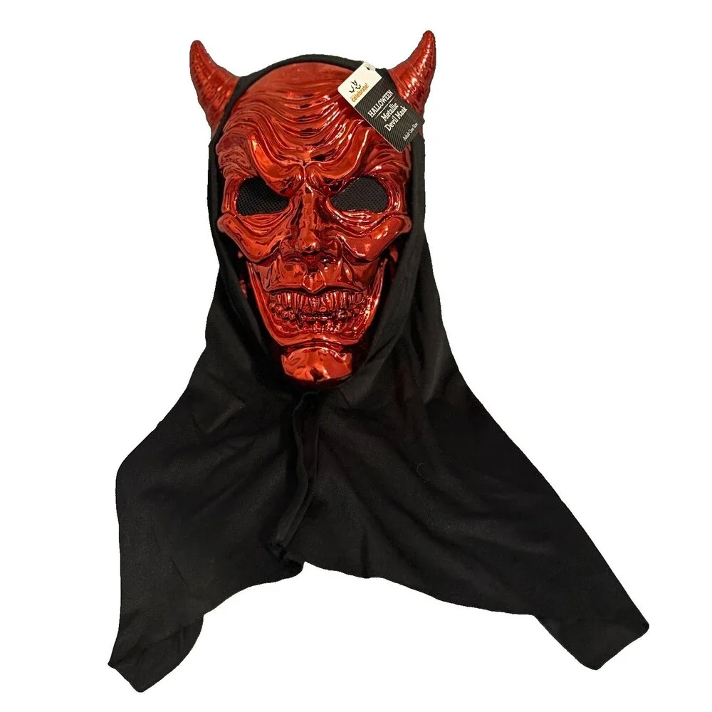 New Metallic Red Devil Halloween Mask Costume Over-The-Head Black Cowl 19”x7”